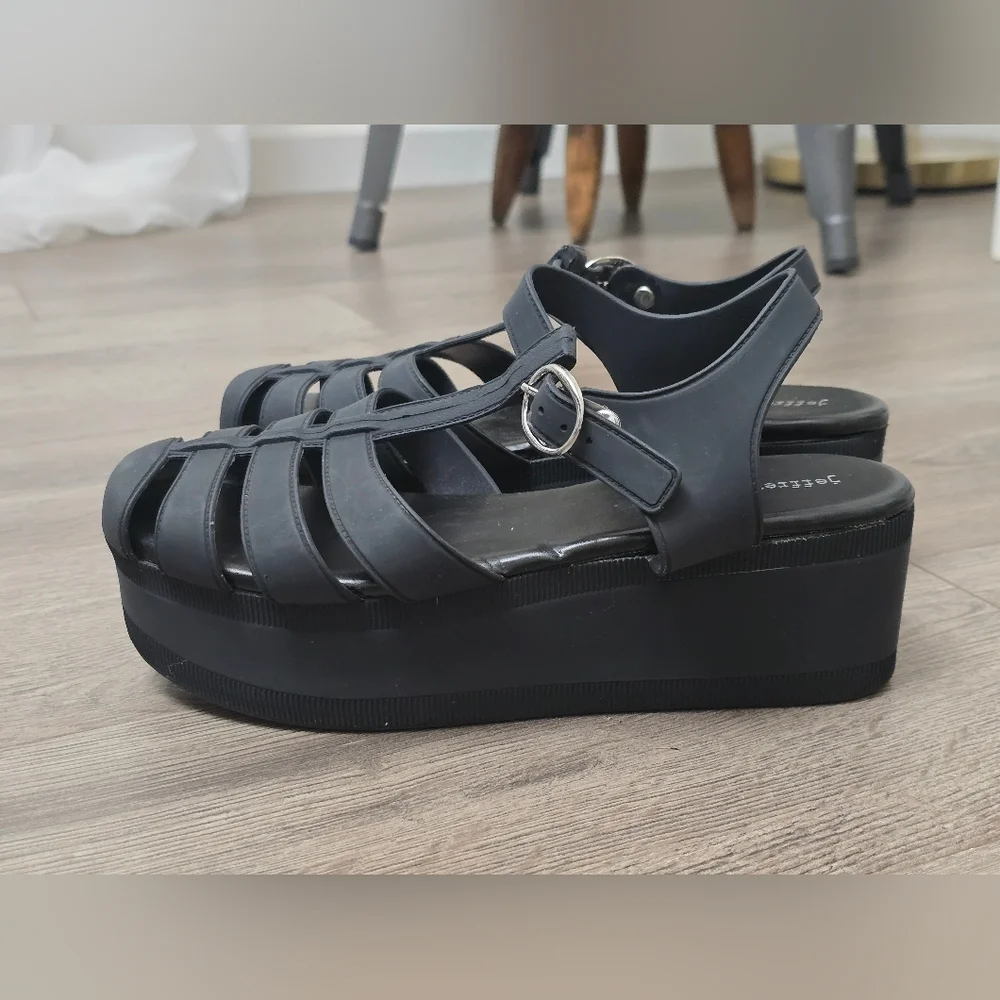 Jeffrey Campbell Jelly Platform Wedge Strap Sandal Black Womens Size 7